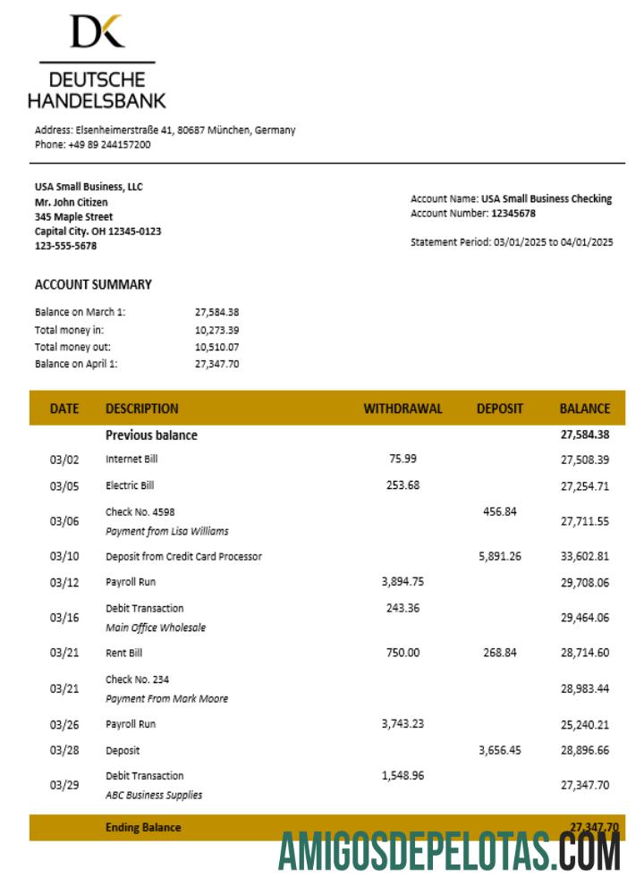 Extrato de conta firme do Deutsche Handelsbank em formato Word e PDF